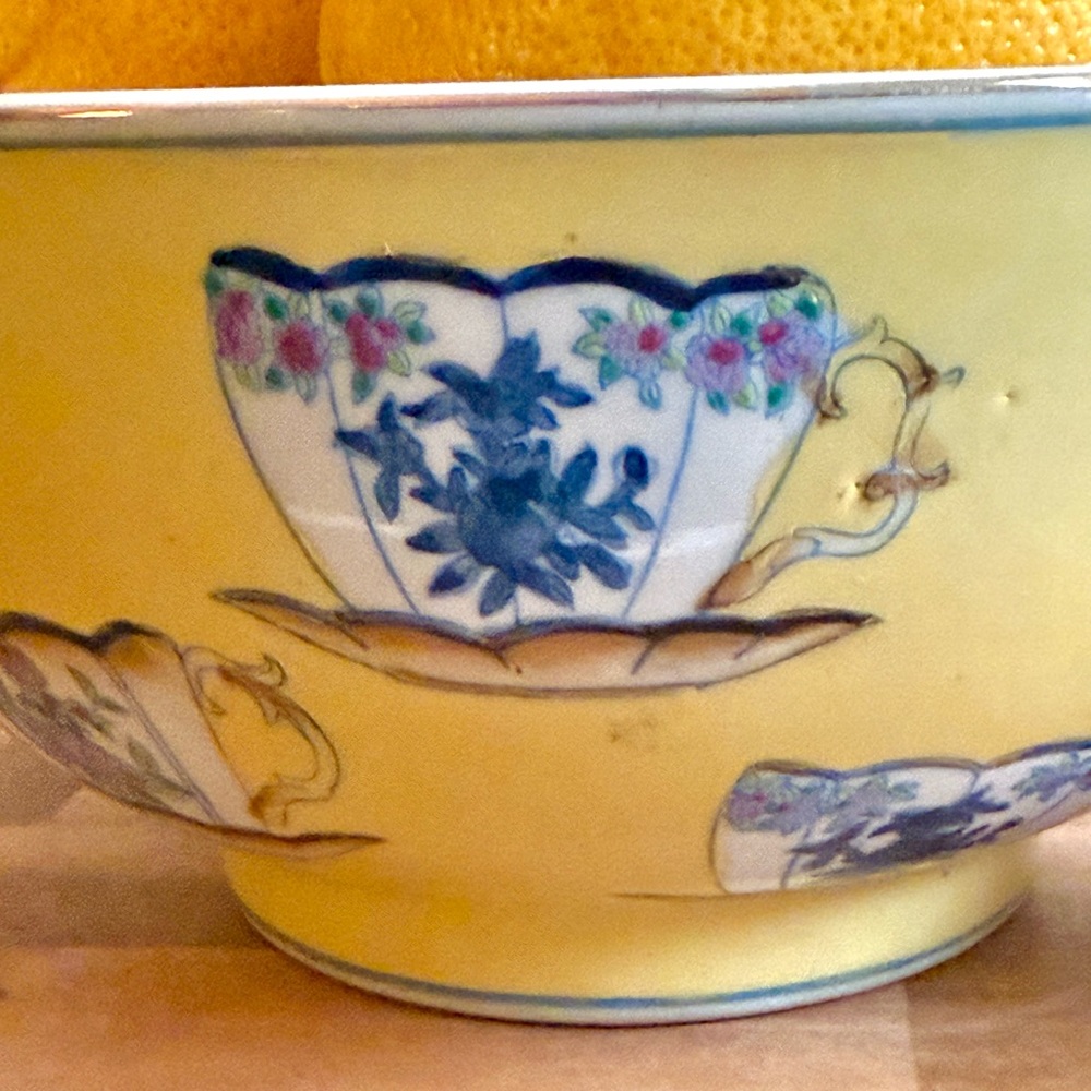 Vintage Chinese Pale Yellow Hand Painted Teacup Bowl, 10” - Picture 6 of 10